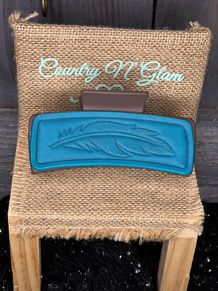 Handtooled feather turquoise hairclip