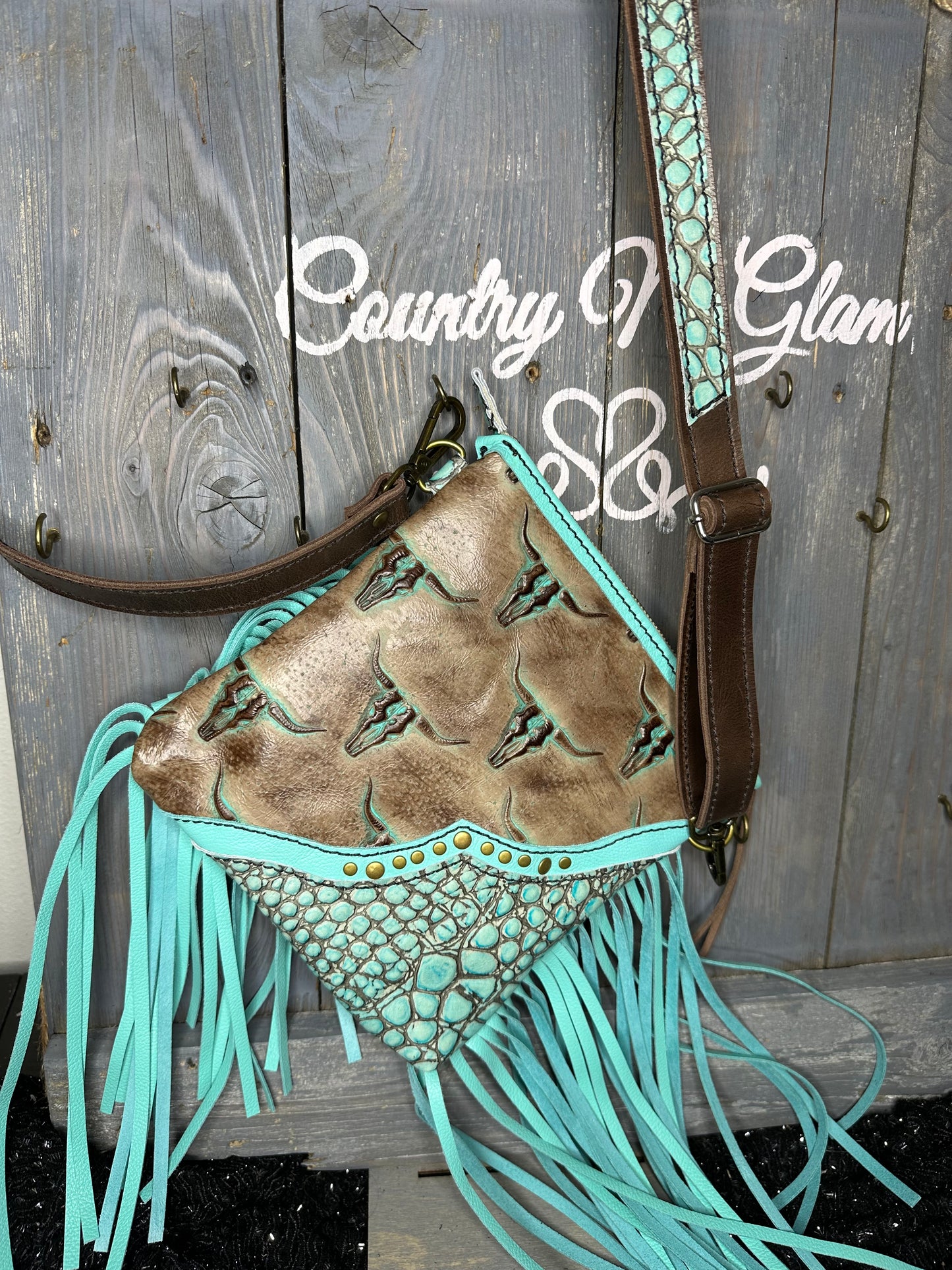 Mini Tucson cow skull/aqua crocodile crossbody