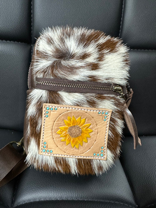 Cowhide and sunflower sling bag