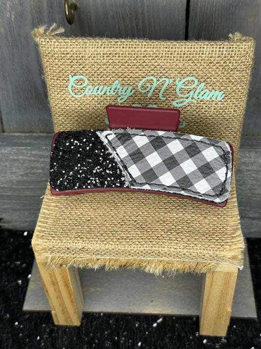 B&W buffalo plaid/black glitter hairclip