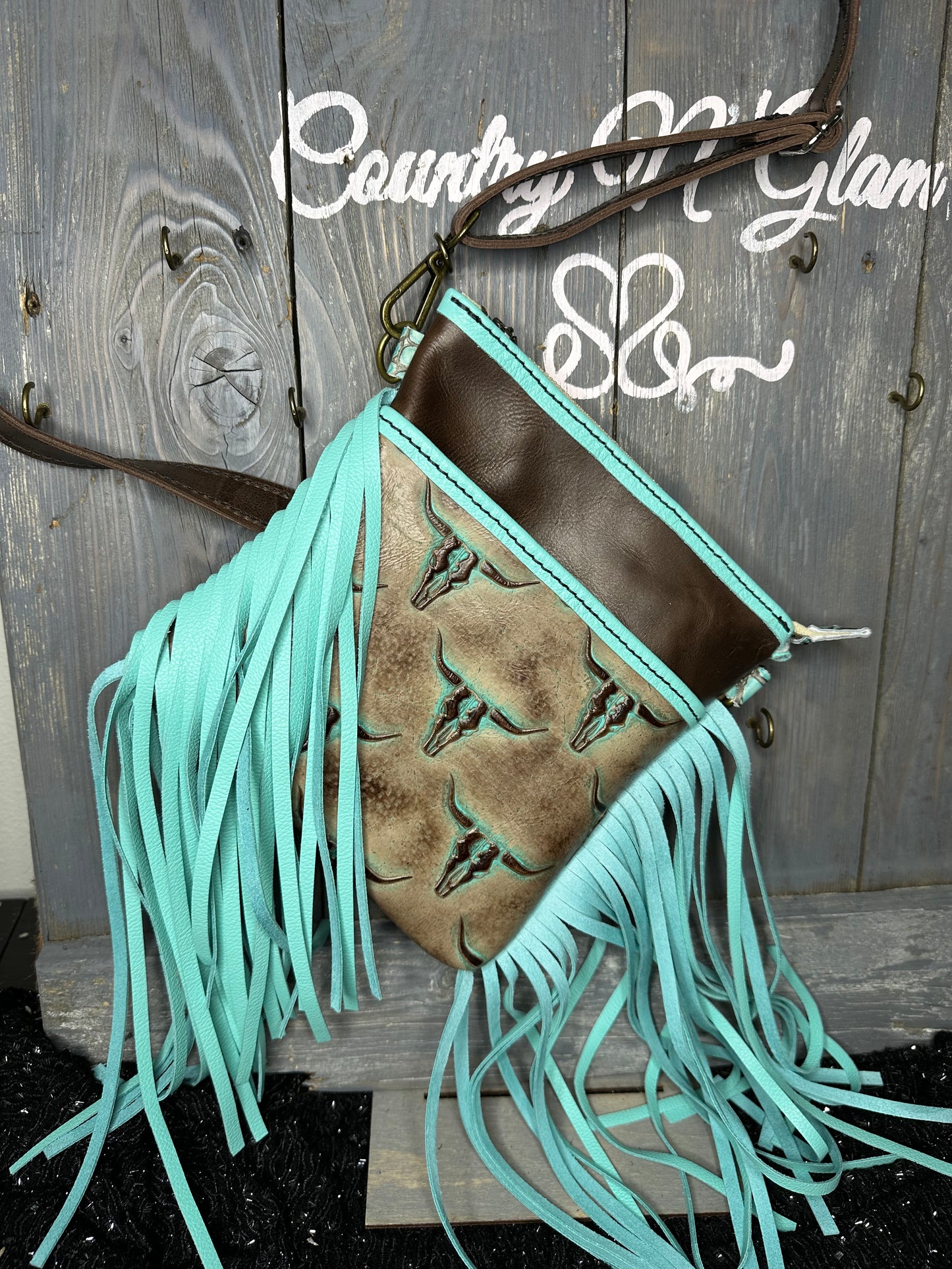 Mini Tucson cow skull/aqua crocodile crossbody