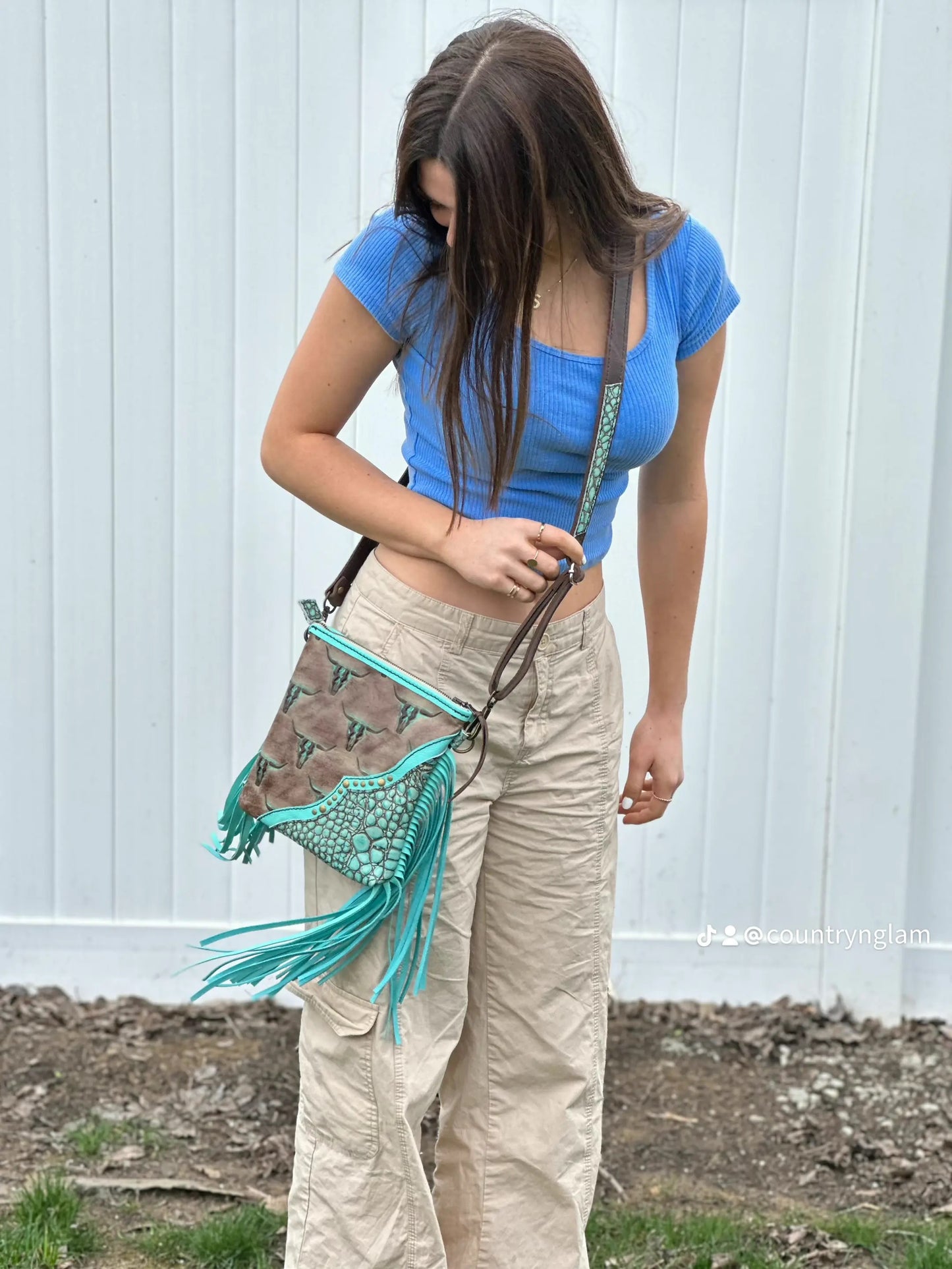 Mini Tucson cow skull/aqua crocodile crossbody