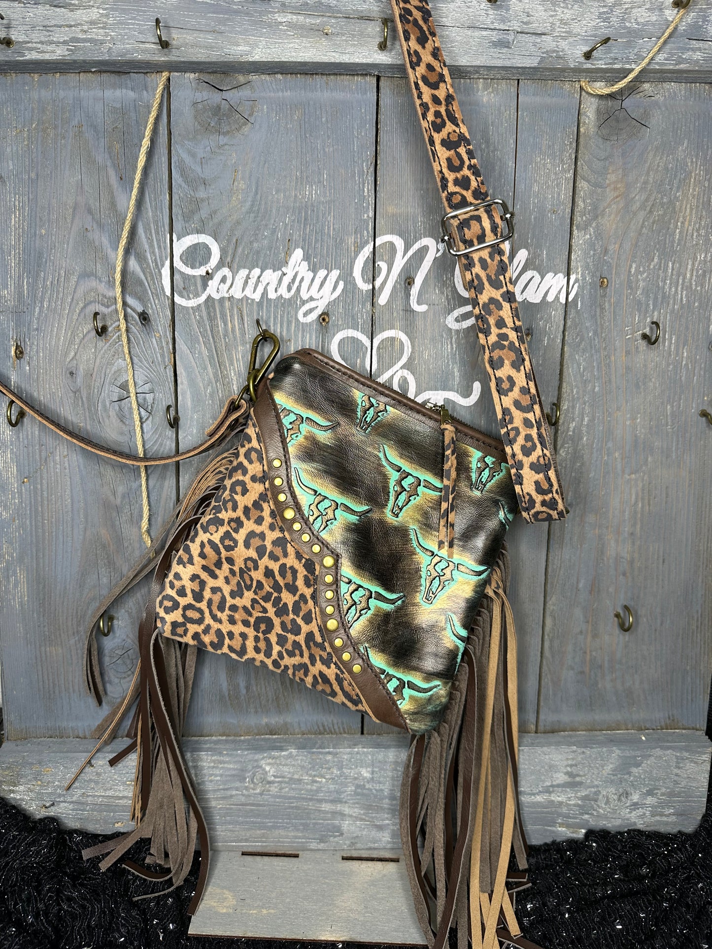 Mini cow skull/leopard crossbody