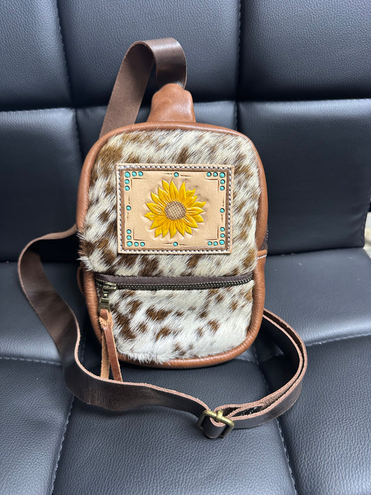 Sunflower/cowhide sling bag