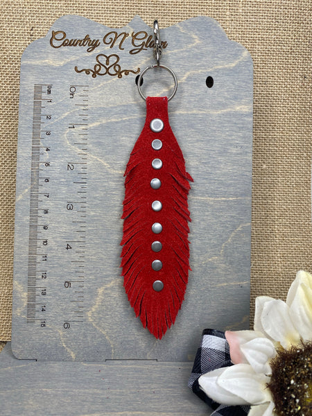 Red suede feather purse jewelry/ key chain