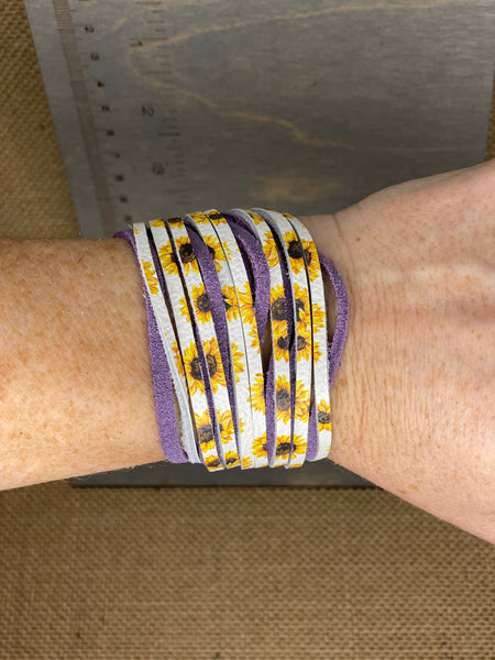 Sunflowers on white and smoky purple suede bracelet