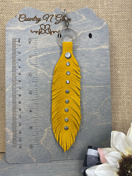 Mustard w/crystals feather keychain