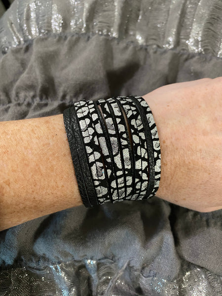 Silver & grey shimmer leopard and matte black bracelet